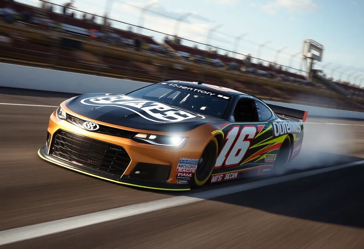 NASCAR race car speeding on a racetrack