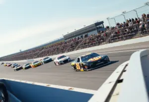 NASCAR race with cars competing at Las Vegas Motor Speedway