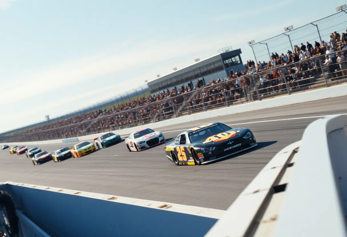 NASCAR race with cars competing at Las Vegas Motor Speedway