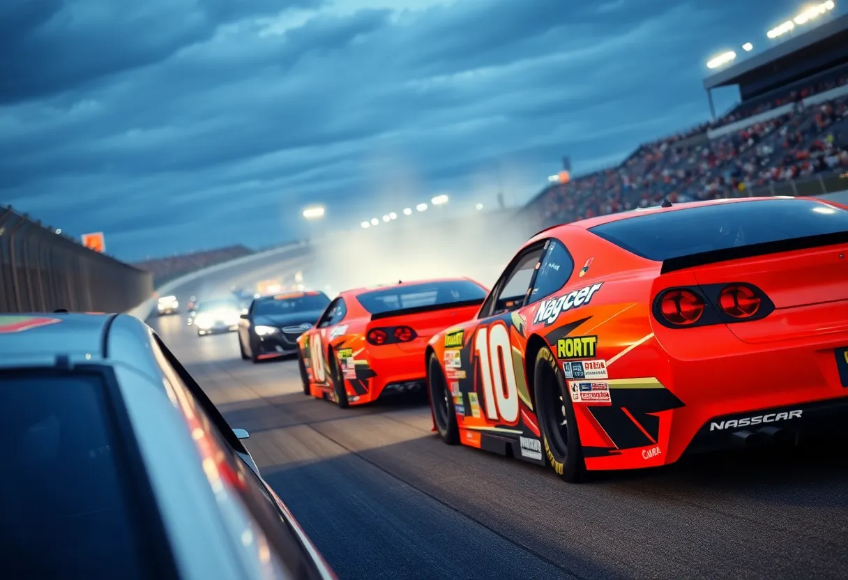 Cars racing at a NASCAR event, capturing the intensity of the competition.