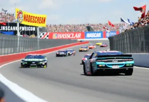 Dynamic NASCAR racing scene with cars on the track