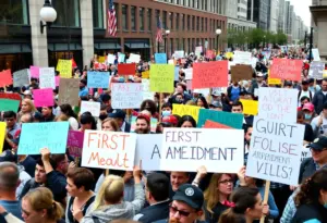 Diverse crowd of protesters at the No Kings demonstrations holding signs for democracy.