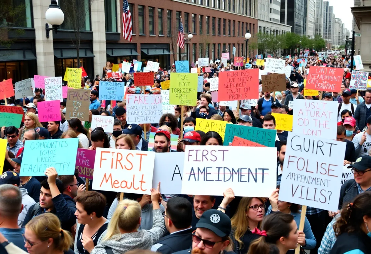 Diverse crowd of protesters at the No Kings demonstrations holding signs for democracy.