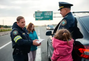 Police officer helping a mother and her children on the highway