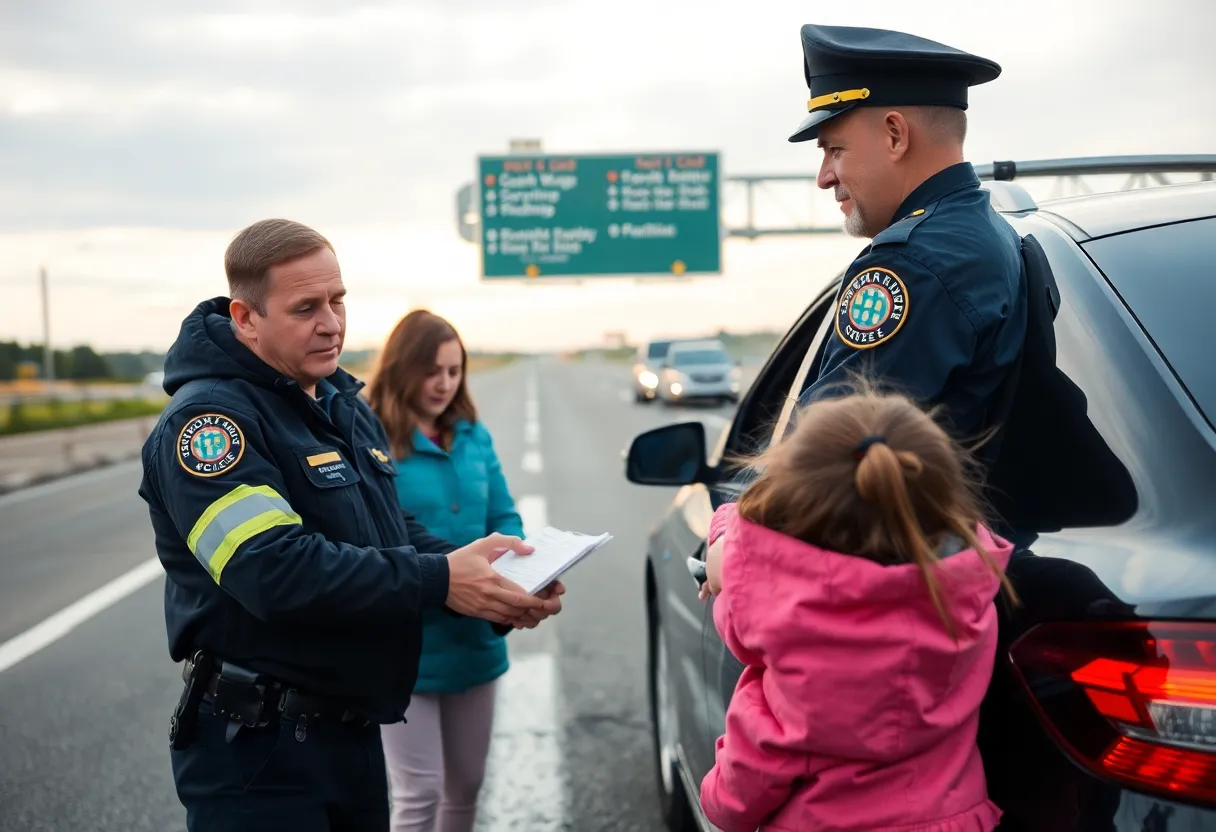 Police officer helping a mother and her children on the highway