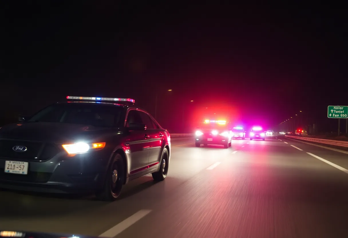 Police vehicles pursuing a suspect on a highway