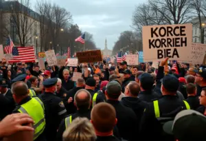 Crowd at a political rally with contrasting signs