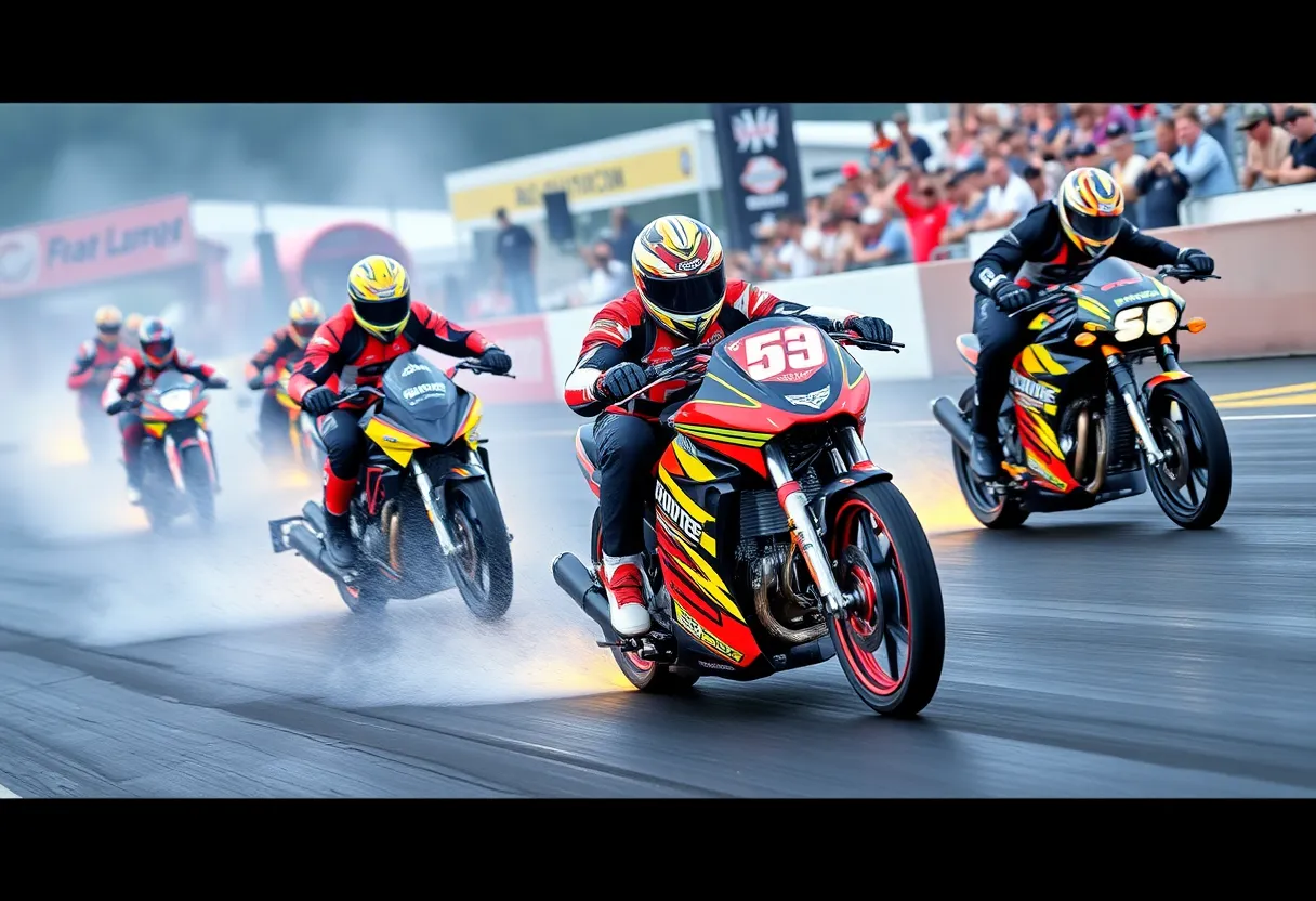NHRA Pro Stock Motorcycles racing on the track