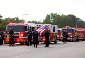 Firefighters and emergency vehicles in a procession honoring a fallen firefighter.