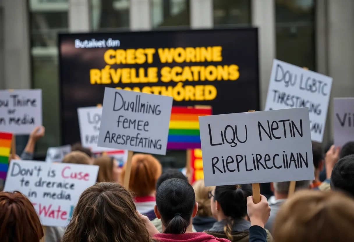 Protest scene discussing LGBTQ+ content in media.