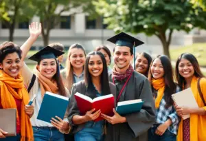 Diverse students celebrating academic success at a university.