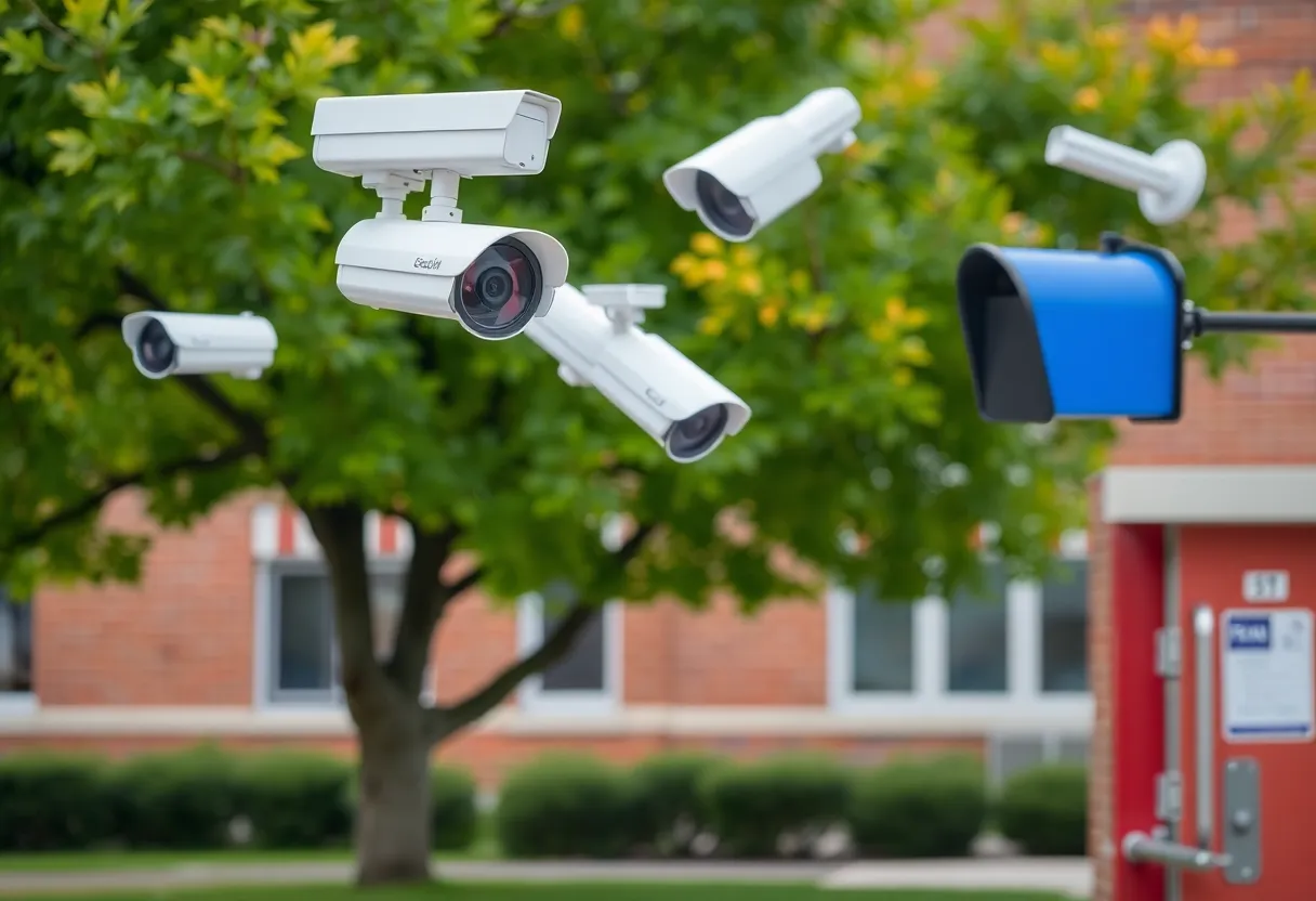 Security equipment in a school yard including cameras and access control systems.