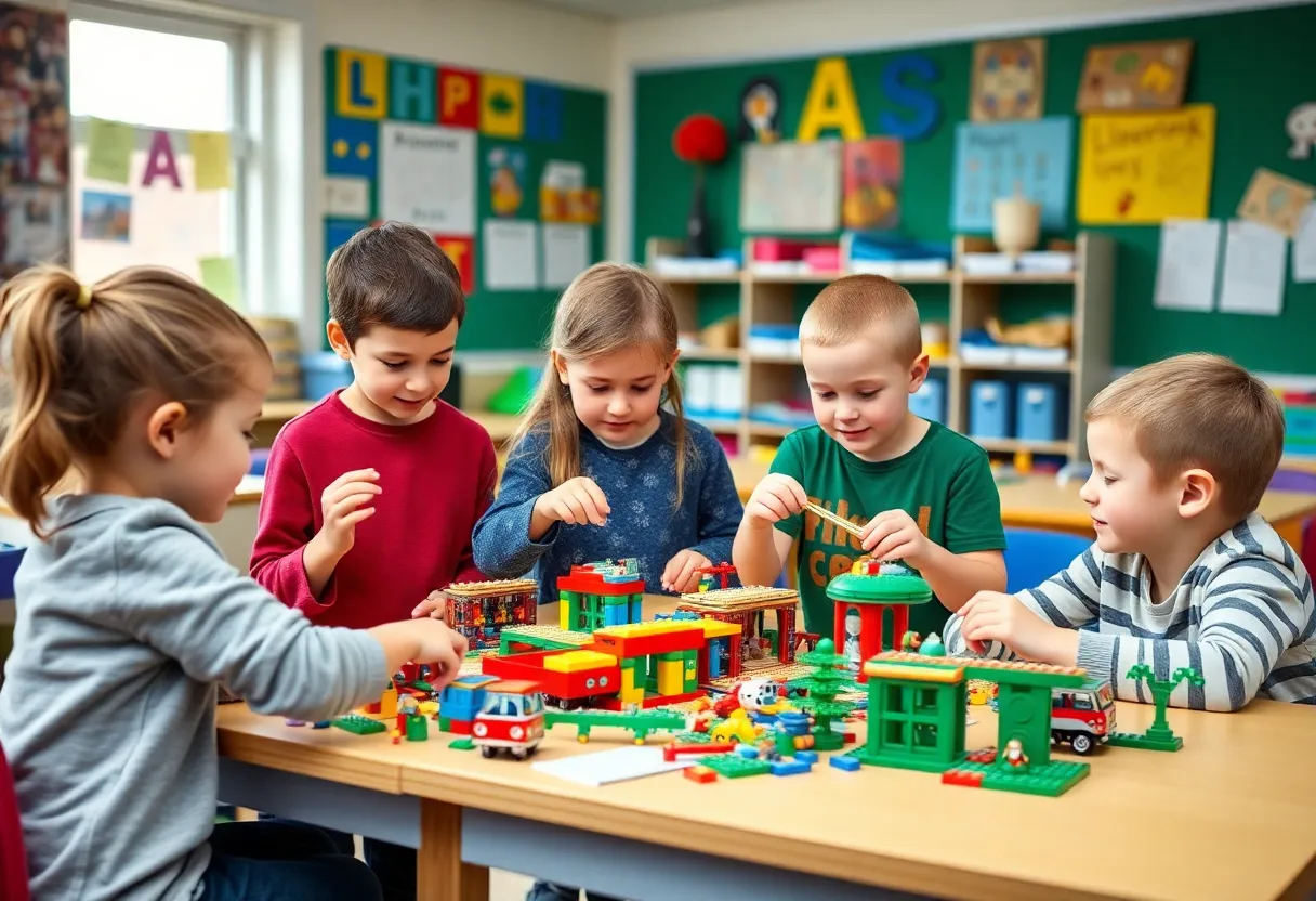 Students participating in a LEGO-based learning activity in a classroom setting.