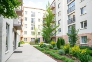 Exterior view of Tapestry at Roan Hill apartments with landscaped gardens