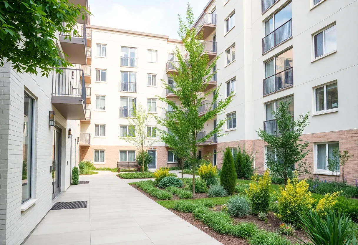 Exterior view of Tapestry at Roan Hill apartments with landscaped gardens
