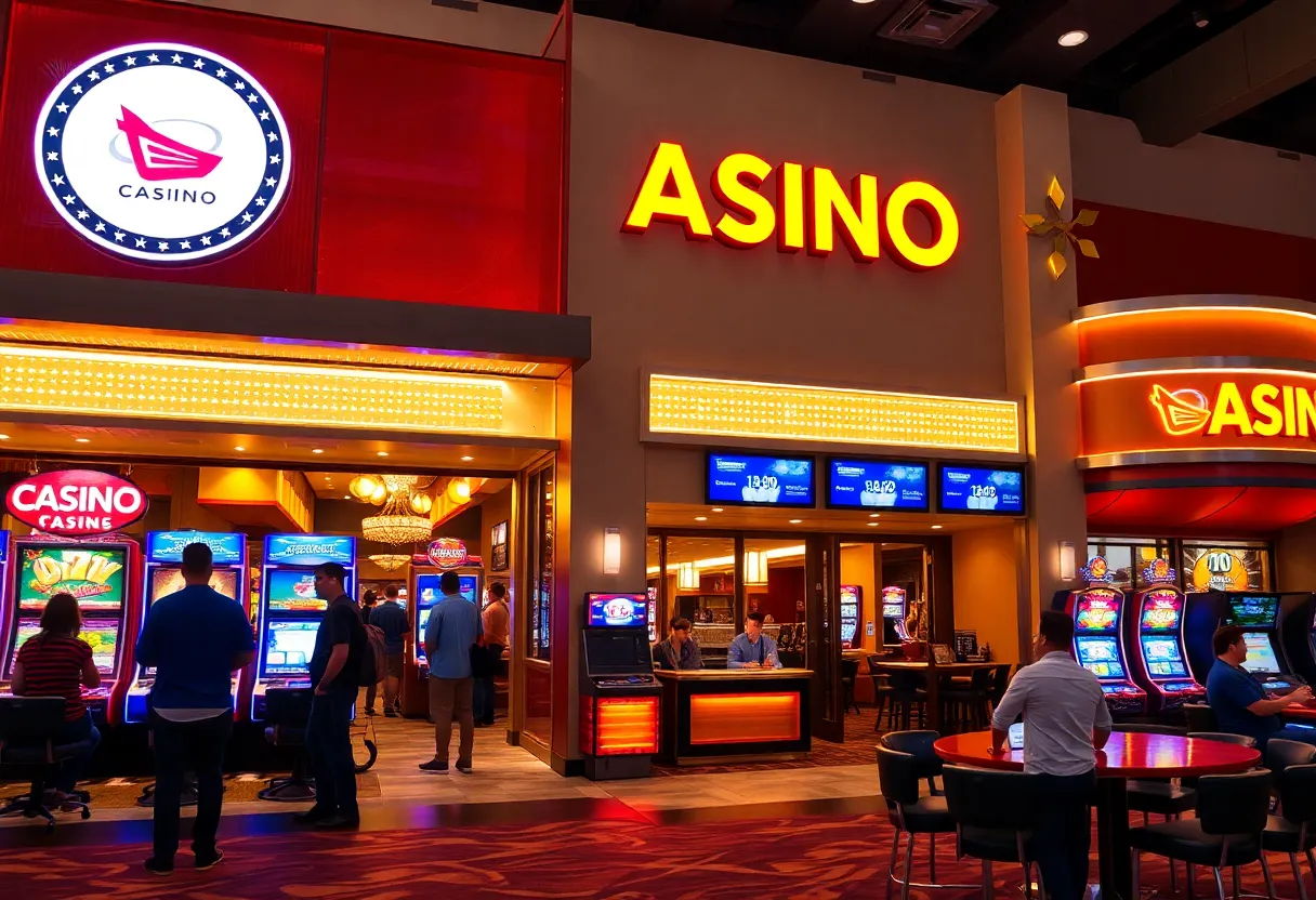 Exterior view of the temporary casino in Petersburg with lights and entertainment