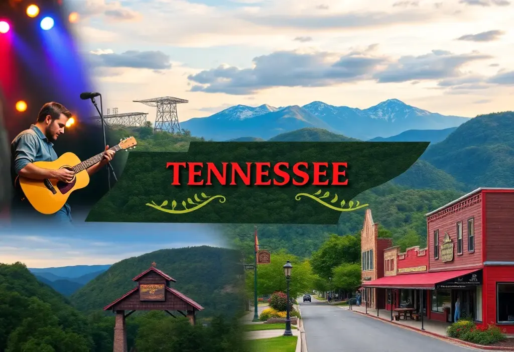 A collage of various attractions in Tennessee including music, nature, and culture.
