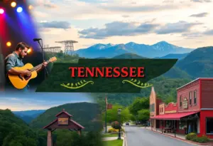 A collage of various attractions in Tennessee including music, nature, and culture.