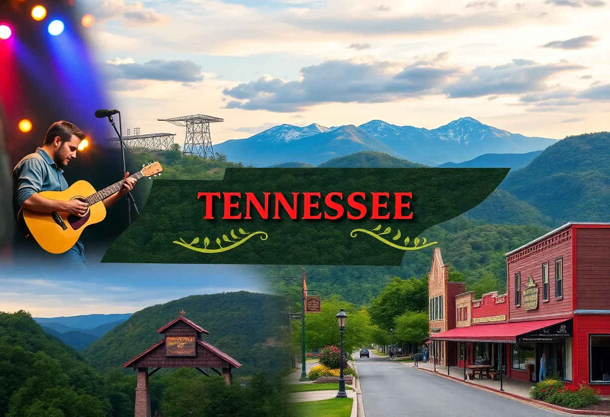 A collage of various attractions in Tennessee including music, nature, and culture.