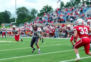 Players from Tennessee High celebrating a touchdown at a high school football game.