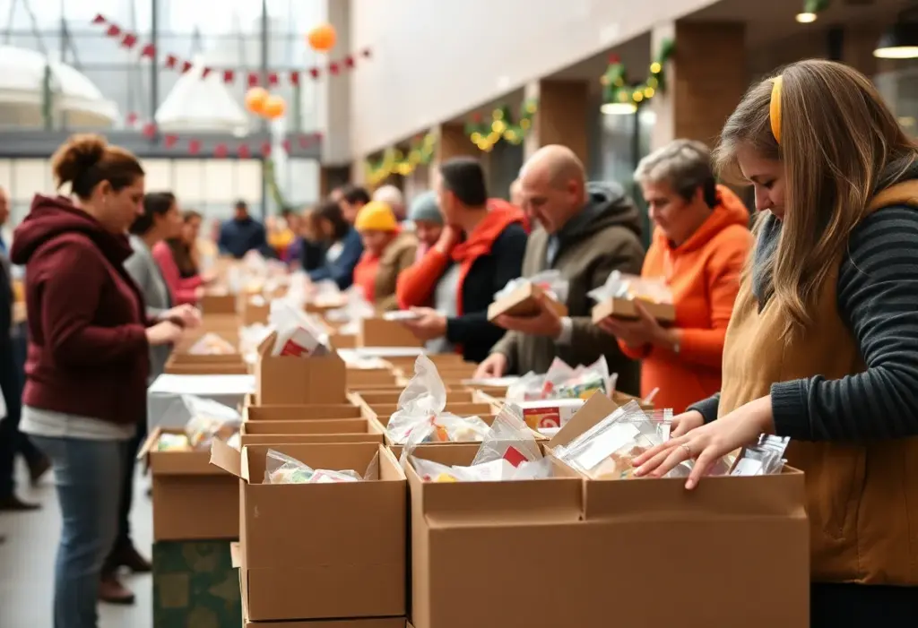 Volunteers packing Thanksgiving meal boxes
