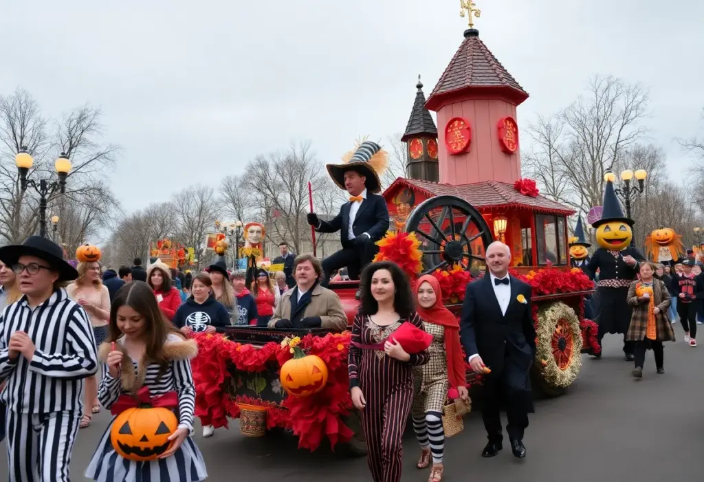 Costume participants and floats at the Addams Family Halloween parade in Twin Cities