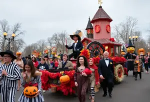 Costume participants and floats at the Addams Family Halloween parade in Twin Cities