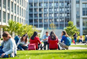 Students studying on a university campus surrounded by modern architecture.